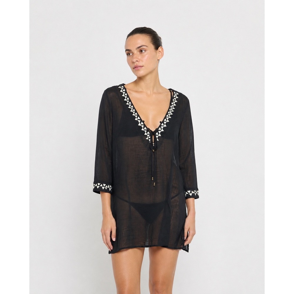 Trina Turk Swim Cover Up Womens M Black Tunic Lace Up V Neck Beaded Beach Resort